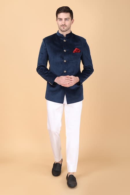 Manish Nagdeo_Blue Velvet, Viscose Plain Bandhgala Set _Online_at_Aza_Fashions