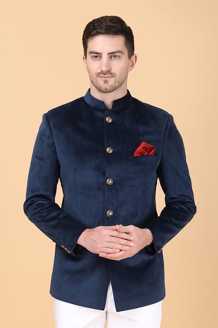 Buy_Manish Nagdeo_Blue Velvet, Viscose Plain Bandhgala Set _Online_at_Aza_Fashions