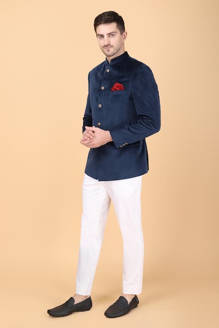 Buy_Manish Nagdeo_Blue Velvet, Viscose Plain Bandhgala Set 