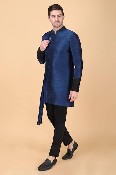 Buy Manish Nagdeo Blue Silk, Viscose Embroidery Asymmetric Draped Bandhgala And Pant Set Online at Aza Fashions Buy_Manish Nagdeo_Blue Silk, Viscose Embroidery Asymmetric Draped Bandhgala And Pant Set _Online_at_Aza_Fashions