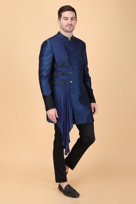 Shop Manish Nagdeo Blue Silk, Viscose Embroidery Asymmetric Draped Bandhgala And Pant Set Online at Aza Fashions Shop_Manish Nagdeo_Blue Silk, Viscose Embroidery Asymmetric Draped Bandhgala And Pant Set _Online_at_Aza_Fashions