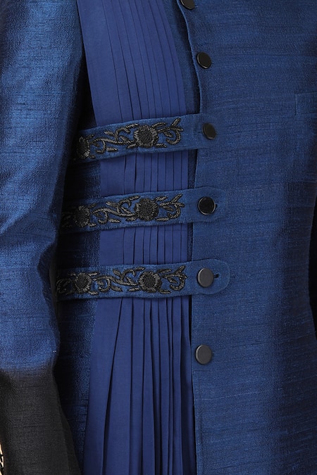 Manish Nagdeo Blue Silk, Viscose Embroidery Asymmetric Draped Bandhgala And Pant Set at Aza Fashions Manish Nagdeo_Blue Silk, Viscose Embroidery Asymmetric Draped Bandhgala And Pant Set _at_Aza_Fashions