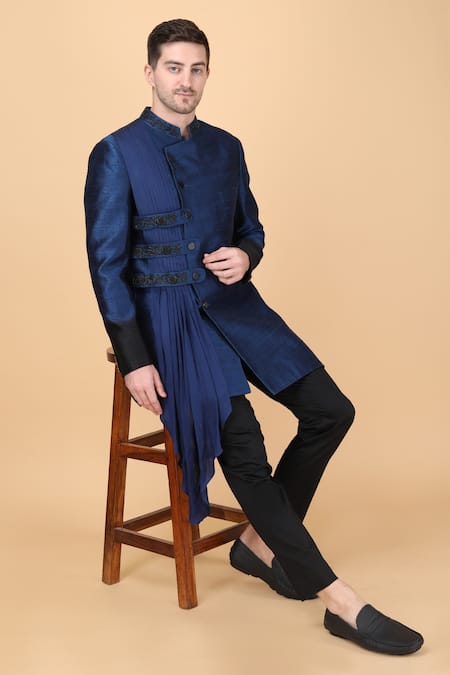 Buy Manish Nagdeo Blue Silk, Viscose Embroidery Asymmetric Draped Bandhgala And Pant Set Buy_Manish Nagdeo_Blue Silk, Viscose Embroidery Asymmetric Draped Bandhgala And Pant Set