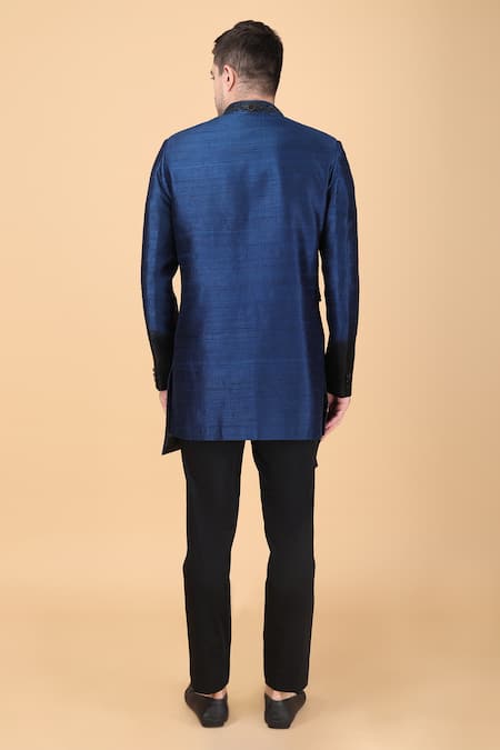 Shop Manish Nagdeo Blue Silk, Viscose Embroidery Asymmetric Draped Bandhgala And Pant Set at Aza Fashions Shop_Manish Nagdeo_Blue Silk, Viscose Embroidery Asymmetric Draped Bandhgala And Pant Set _at_Aza_Fashions