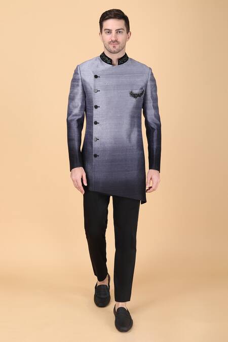 Buy Manish Nagdeo Grey Silk, Viscose, Polyester Embroidery Asymmetric Bandhgala And Pant Set Online at Aza Fashions Buy_Manish Nagdeo_Grey Silk, Viscose, Polyester Embroidery Asymmetric Bandhgala And Pant Set _Online_at_Aza_Fashions