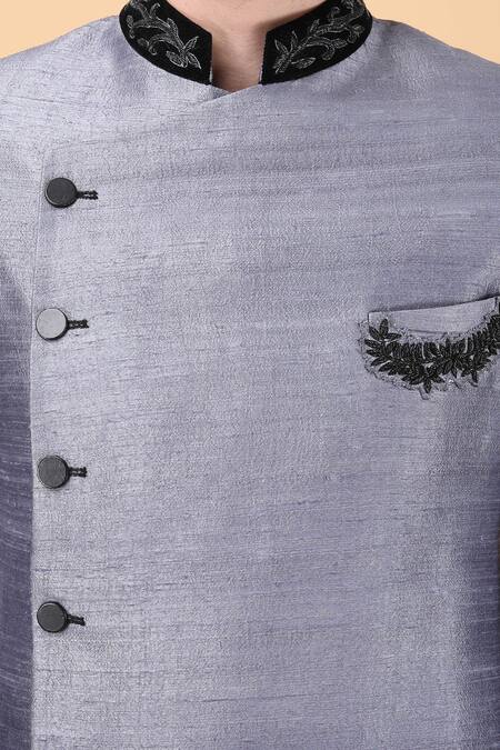 Manish Nagdeo Grey Silk, Viscose, Polyester Embroidery Asymmetric Bandhgala And Pant Set at Aza Fashions Manish Nagdeo_Grey Silk, Viscose, Polyester Embroidery Asymmetric Bandhgala And Pant Set _at_Aza_Fashions