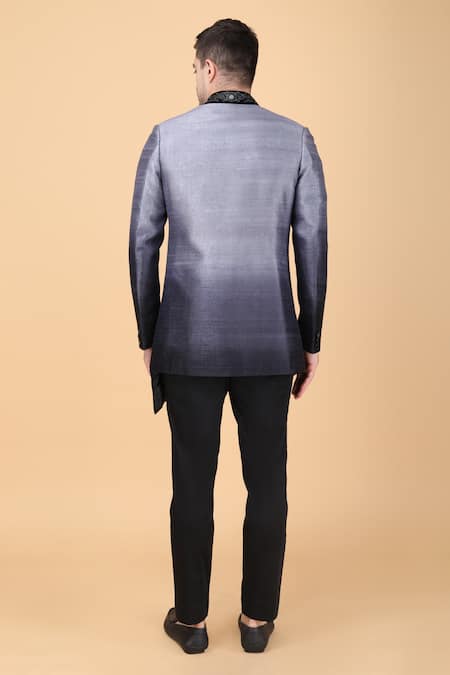 Shop Manish Nagdeo Grey Silk, Viscose, Polyester Embroidery Asymmetric Bandhgala And Pant Set at Aza Fashions Shop_Manish Nagdeo_Grey Silk, Viscose, Polyester Embroidery Asymmetric Bandhgala And Pant Set _at_Aza_Fashions