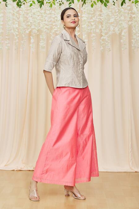 Buy_Nazaakat By Samara Singh_Beige Chanderi Notched Metallic Pattern Top _Online_at_Aza_Fashions