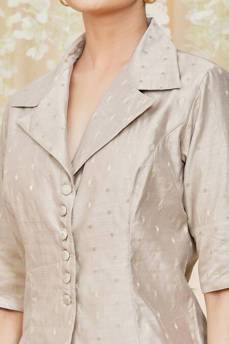 Shop_Nazaakat By Samara Singh_Beige Chanderi Notched Metallic Pattern Top _Online_at_Aza_Fashions