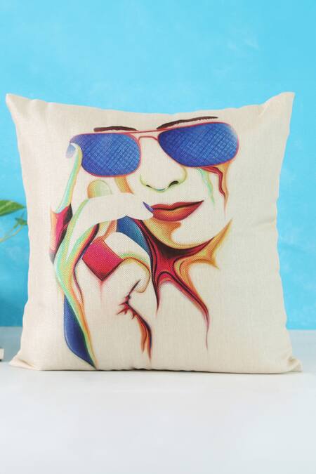 H2H Brown Cotton Satin Printed Face Cushion Cover Single Pc