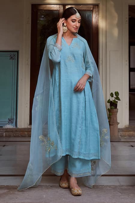 Shop_Charu Makkar_Blue , Silk Embroidery, Sequins Split Kalidar Kurta Pant Set _at_Aza_Fashions