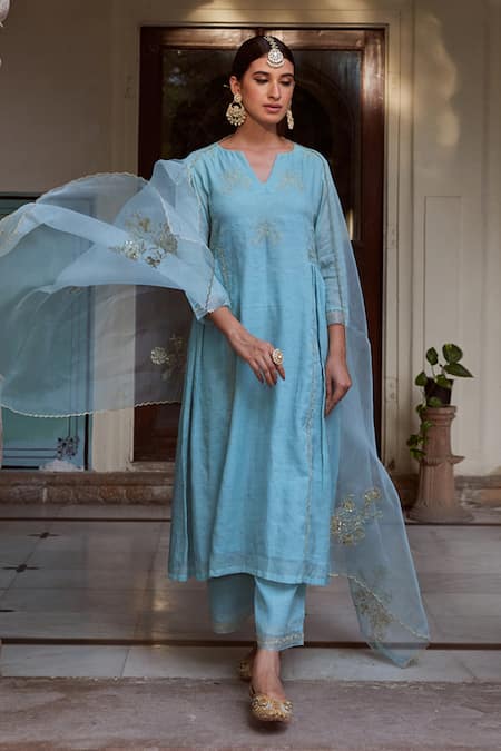 Charu Makkar_Blue , Silk Embroidery, Sequins Split Kalidar Kurta Pant Set _Online_at_Aza_Fashions