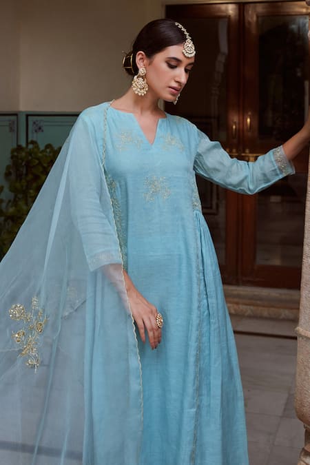 Buy_Charu Makkar_Blue , Silk Embroidery, Sequins Split Kalidar Kurta Pant Set _Online_at_Aza_Fashions
