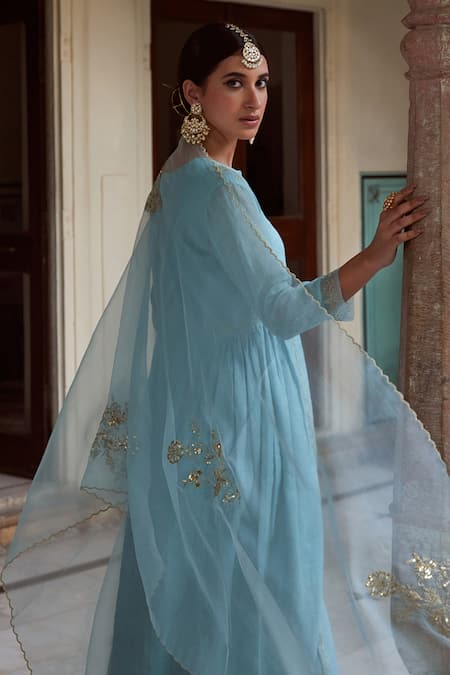 Shop_Charu Makkar_Blue , Silk Embroidery, Sequins Split Kalidar Kurta Pant Set _Online_at_Aza_Fashions