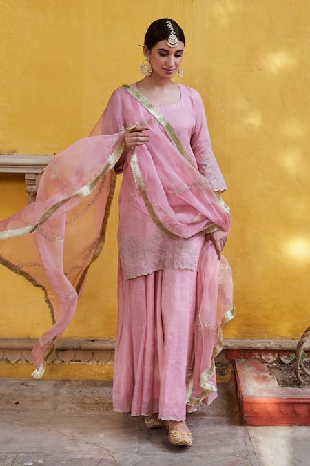 Charu Makkar Pink Chanderi Tissue Embroidered Floral Round Kurta Sharara Set