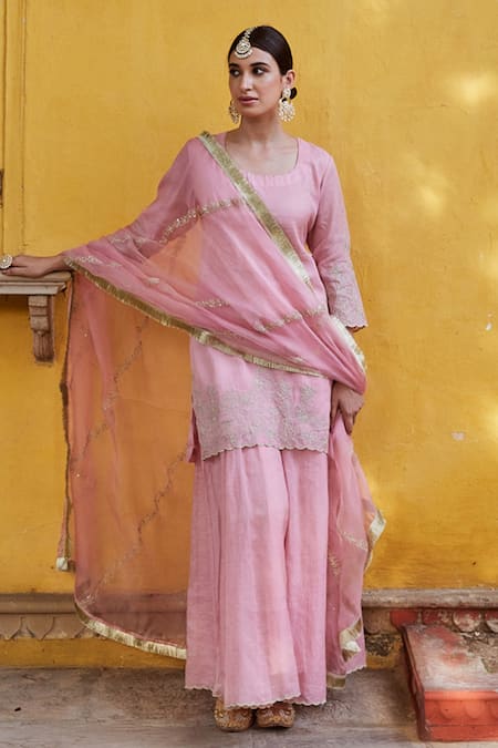 Shop Charu Makkar Pink Chanderi Sequins, Embroidery Round Neck Kurta Sharara Set at Aza Fashions Shop_Charu Makkar_Pink Chanderi Sequins, Embroidery Round Neck Kurta Sharara Set _at_Aza_Fashions
