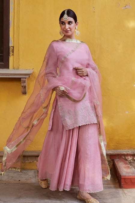 Charu Makkar Pink Chanderi Sequins, Embroidery Round Neck Kurta Sharara Set Online at Aza Fashions Charu Makkar_Pink Chanderi Sequins, Embroidery Round Neck Kurta Sharara Set _Online_at_Aza_Fashions