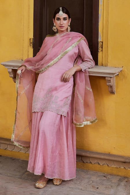 Buy Charu Makkar Pink Chanderi Sequins, Embroidery Round Neck Kurta Sharara Set Online at Aza Fashions Buy_Charu Makkar_Pink Chanderi Sequins, Embroidery Round Neck Kurta Sharara Set _Online_at_Aza_Fashions