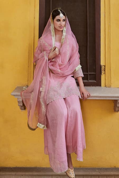 Charu Makkar Pink Chanderi Sequins, Embroidery Round Neck Kurta Sharara Set at Aza Fashions Charu Makkar_Pink Chanderi Sequins, Embroidery Round Neck Kurta Sharara Set _at_Aza_Fashions
