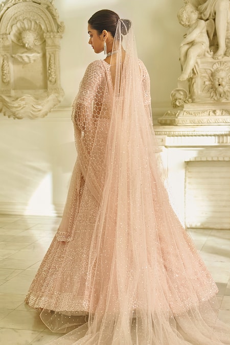 Shop_Seema Gujral_Pink Net, Organza Beads Sequin Flora Garden Embroidered Bridal Lehenga Set _at_Aza_Fashions