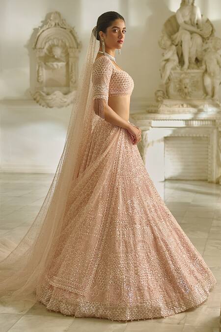 Seema Gujral_Pink Net, Organza Beads Sequin Flora Garden Embroidered Bridal Lehenga Set _Online_at_Aza_Fashions