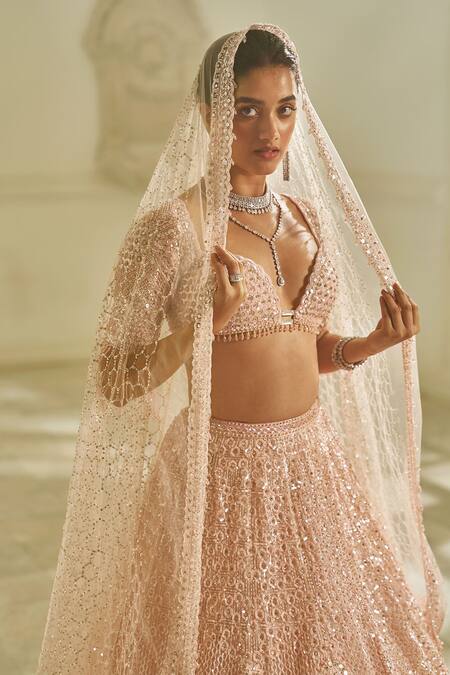 Shop_Seema Gujral_Pink Net, Organza Beads Sequin Flora Garden Embroidered Bridal Lehenga Set _Online_at_Aza_Fashions