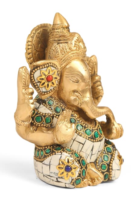 Amoliconcepts_Multi Color Brass Stone Ganesha Carved Idol_Online_at_Aza_Fashions