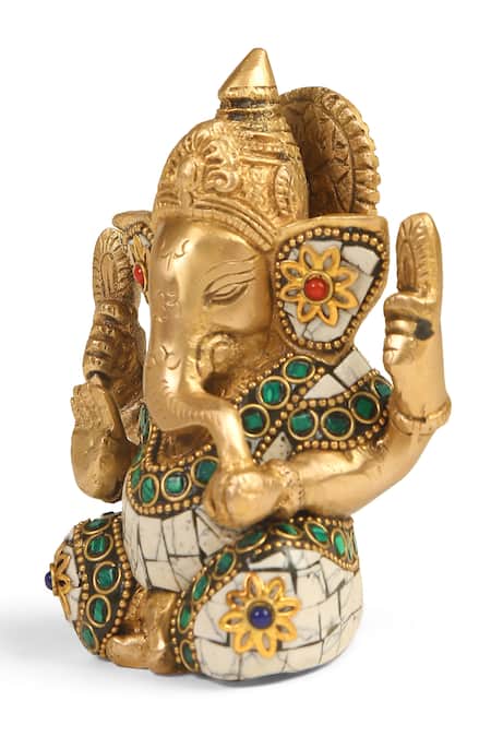Buy_Amoliconcepts_Multi Color Brass Stone Ganesha Carved Idol_Online_at_Aza_Fashions