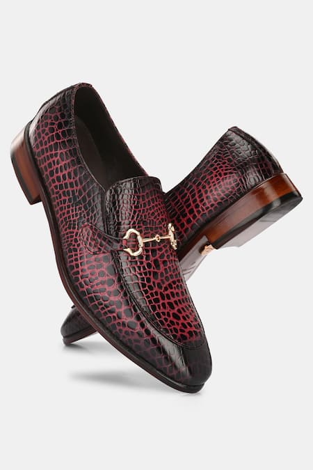 Lafattio Maroon Leopard Pattern Colour Block Buckled Moccasins  