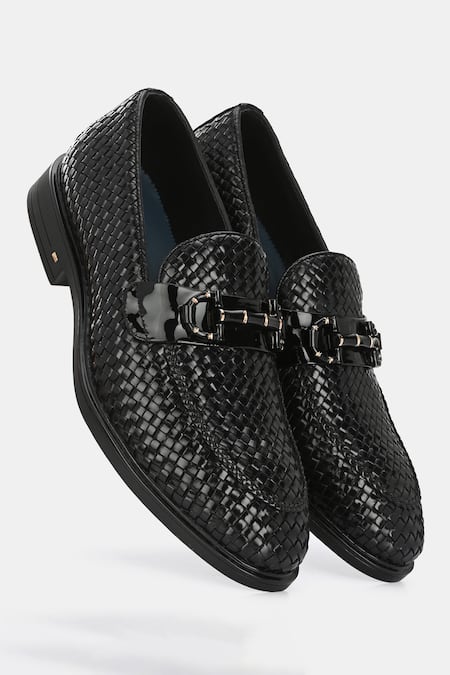 Lafattio_Black Hand Woven Buckled Loafers  _Online_at_Aza_Fashions