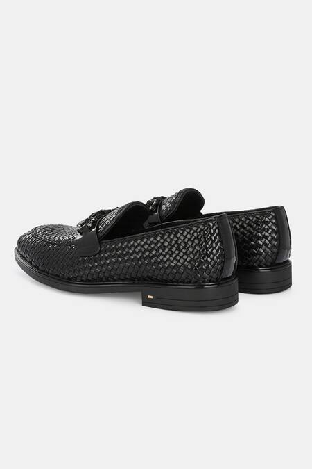Shop_Lafattio_Black Hand Woven Buckled Loafers  _Online_at_Aza_Fashions