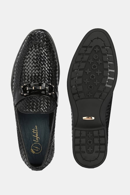 Lafattio_Black Hand Woven Buckled Loafers  _at_Aza_Fashions