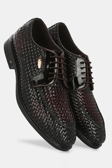 Shop_Lafattio_Maroon Hand Woven Textured Lace Up Shoes  _Online_at_Aza_Fashions