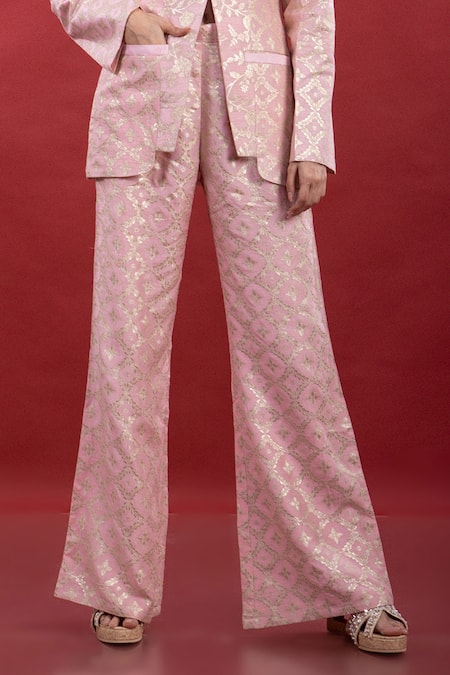 Monk & Mei By Sonia Anand_Pink Brocade Embroidery Mandarin Collar Biijli Floral Blazer Trouser Set _Online_at_Aza_Fashions