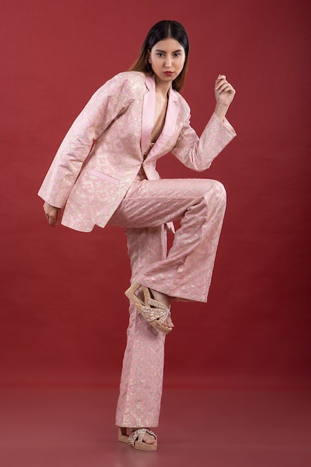 Monk & Mei By Sonia Anand_Pink Brocade Embroidery Mandarin Collar Biijli Floral Blazer Trouser Set _at_Aza_Fashions
