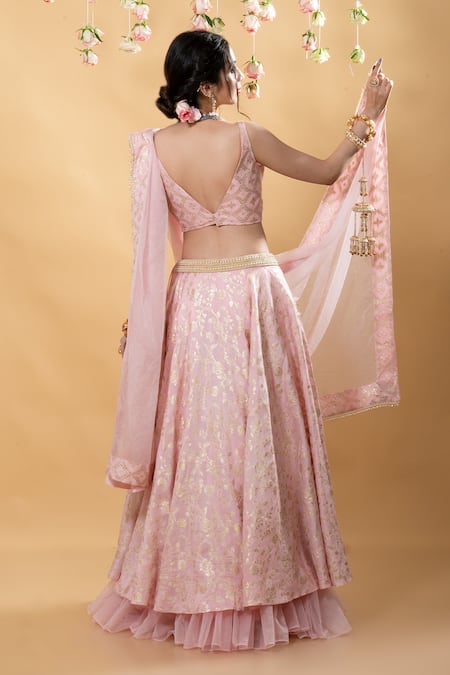 Monk & Mei By Sonia Anand_Pink Brocade Pearls V-neck Chandini Floral Lehenga Set _Online_at_Aza_Fashions