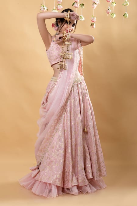 Buy_Monk & Mei By Sonia Anand_Pink Brocade Pearls V-neck Chandini Floral Lehenga Set _Online_at_Aza_Fashions