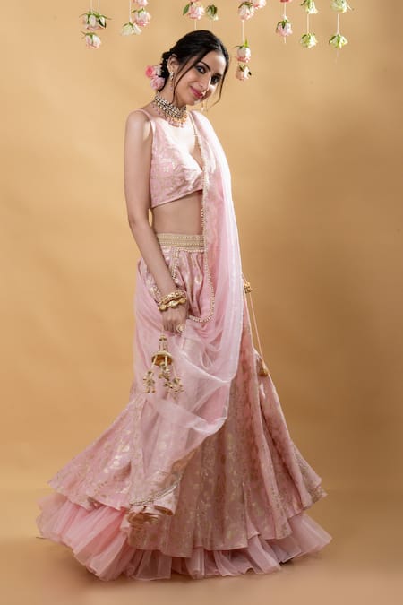Shop_Monk & Mei By Sonia Anand_Pink Brocade Pearls V-neck Chandini Floral Lehenga Set _Online_at_Aza_Fashions