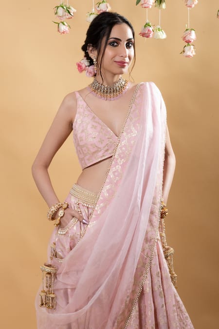 Monk & Mei By Sonia Anand_Pink Brocade Pearls V-neck Chandini Floral Lehenga Set _at_Aza_Fashions