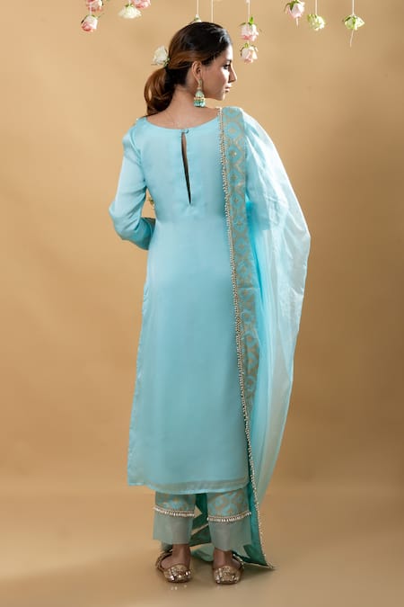 Shop Monk & Mei By Sonia Anand Blue Silk Satin Pearls, Crystals Isha Brocade Pattern Bodice Kurta Pant Set at Aza Fashions Shop_Monk & Mei By Sonia Anand_Blue Silk Satin Pearls, Crystals Isha Brocade Pattern Bodice Kurta Pant Set _at_Aza_Fashions