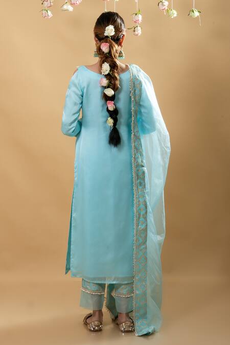 Buy Monk & Mei By Sonia Anand Blue Silk Satin Pearls, Crystals Isha Brocade Pattern Bodice Kurta Pant Set Online at Aza Fashions Buy_Monk & Mei By Sonia Anand_Blue Silk Satin Pearls, Crystals Isha Brocade Pattern Bodice Kurta Pant Set _Online_at_Aza_Fashions