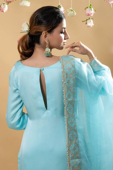 Shop Monk & Mei By Sonia Anand Blue Silk Satin Pearls, Crystals Isha Brocade Pattern Bodice Kurta Pant Set Online at Aza Fashions Shop_Monk & Mei By Sonia Anand_Blue Silk Satin Pearls, Crystals Isha Brocade Pattern Bodice Kurta Pant Set _Online_at_Aza_Fashions