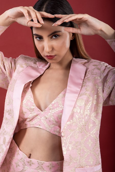 Shop_Monk & Mei By Sonia Anand_Pink Brocade Embroidery Collared Jheel Blazer Shorts Set _Online_at_Aza_Fashions