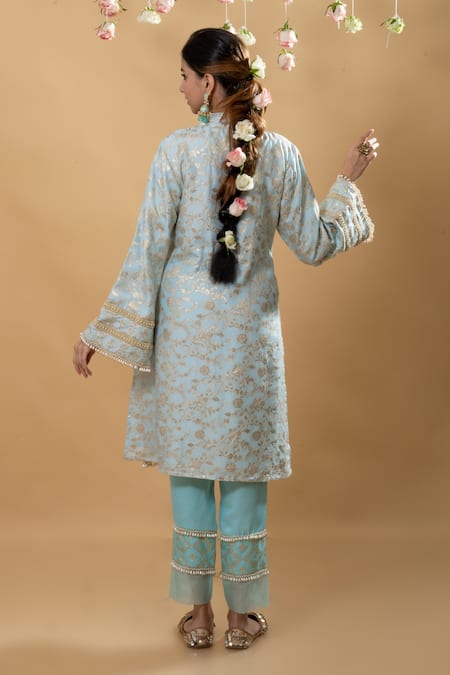 Shop Monk & Mei By Sonia Anand Blue Brocade Pearls V-neck Meena Kurta With Pant at Aza Fashions Shop_Monk & Mei By Sonia Anand_Blue Brocade Pearls V-neck Meena Kurta With Pant _at_Aza_Fashions