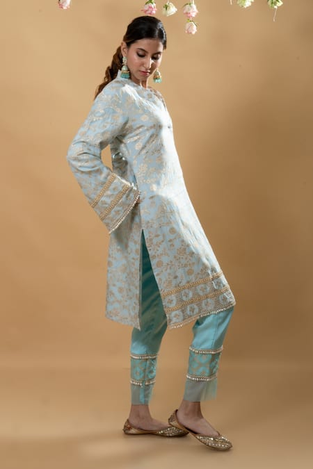 Monk & Mei By Sonia Anand Blue Brocade Pearls V-neck Meena Kurta With Pant Online at Aza Fashions Monk & Mei By Sonia Anand_Blue Brocade Pearls V-neck Meena Kurta With Pant _Online_at_Aza_Fashions