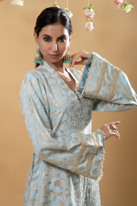 Buy Monk & Mei By Sonia Anand Blue Brocade Pearls V-neck Meena Kurta With Pant Online at Aza Fashions Buy_Monk & Mei By Sonia Anand_Blue Brocade Pearls V-neck Meena Kurta With Pant _Online_at_Aza_Fashions
