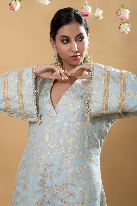 Shop Monk & Mei By Sonia Anand Blue Brocade Pearls V-neck Meena Kurta With Pant Online at Aza Fashions Shop_Monk & Mei By Sonia Anand_Blue Brocade Pearls V-neck Meena Kurta With Pant _Online_at_Aza_Fashions