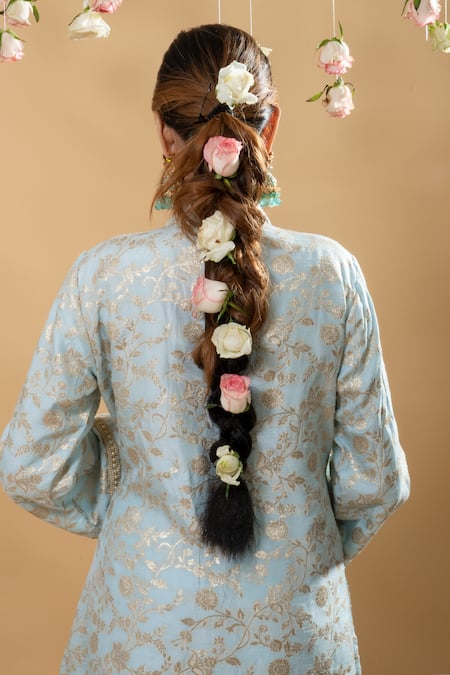 Monk & Mei By Sonia Anand Blue Brocade Pearls V-neck Meena Kurta With Pant at Aza Fashions Monk & Mei By Sonia Anand_Blue Brocade Pearls V-neck Meena Kurta With Pant _at_Aza_Fashions