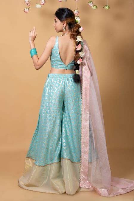 Monk & Mei By Sonia Anand Blue Brocade, Chiffon Embroidery Plunge Neck Nitya Pattern Blouse Sharara Set Online at Aza Fashions Monk & Mei By Sonia Anand_Blue Brocade, Chiffon Embroidery Plunge Neck Nitya Pattern Blouse Sharara Set _Online_at_Aza_Fashions