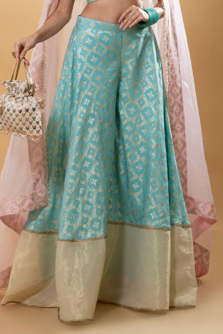 Buy Monk & Mei By Sonia Anand Blue Brocade, Chiffon Embroidery Plunge Neck Nitya Pattern Blouse Sharara Set Online at Aza Fashions Buy_Monk & Mei By Sonia Anand_Blue Brocade, Chiffon Embroidery Plunge Neck Nitya Pattern Blouse Sharara Set _Online_at_Aza_Fashions